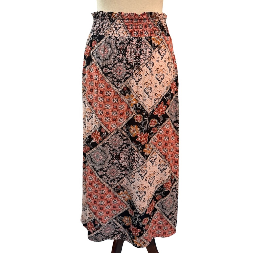 Indigo Rose Boho Patchwork Print Midi Skirt Elastic Waist size Medium